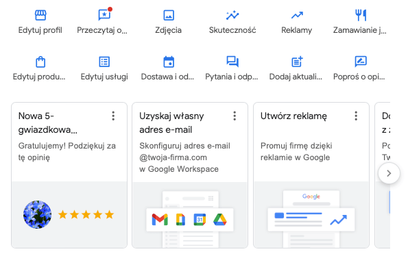 Panel zarządzania wizytówką w Google