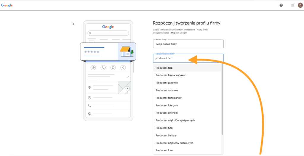 Wizytówka w Google - Jak stworzyć od zera - kategoria działalnośc