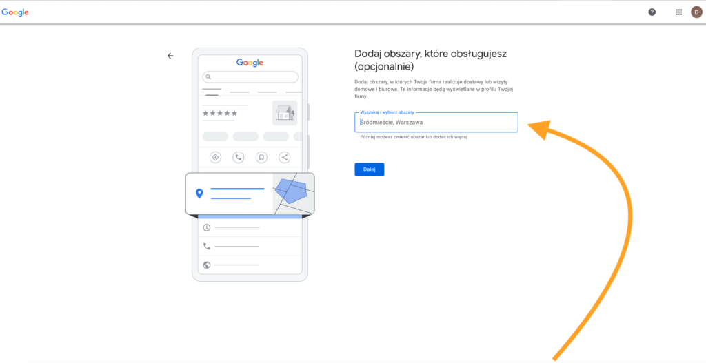 Wizytówka w Google - Jak stworzyć od zera - obszar działania