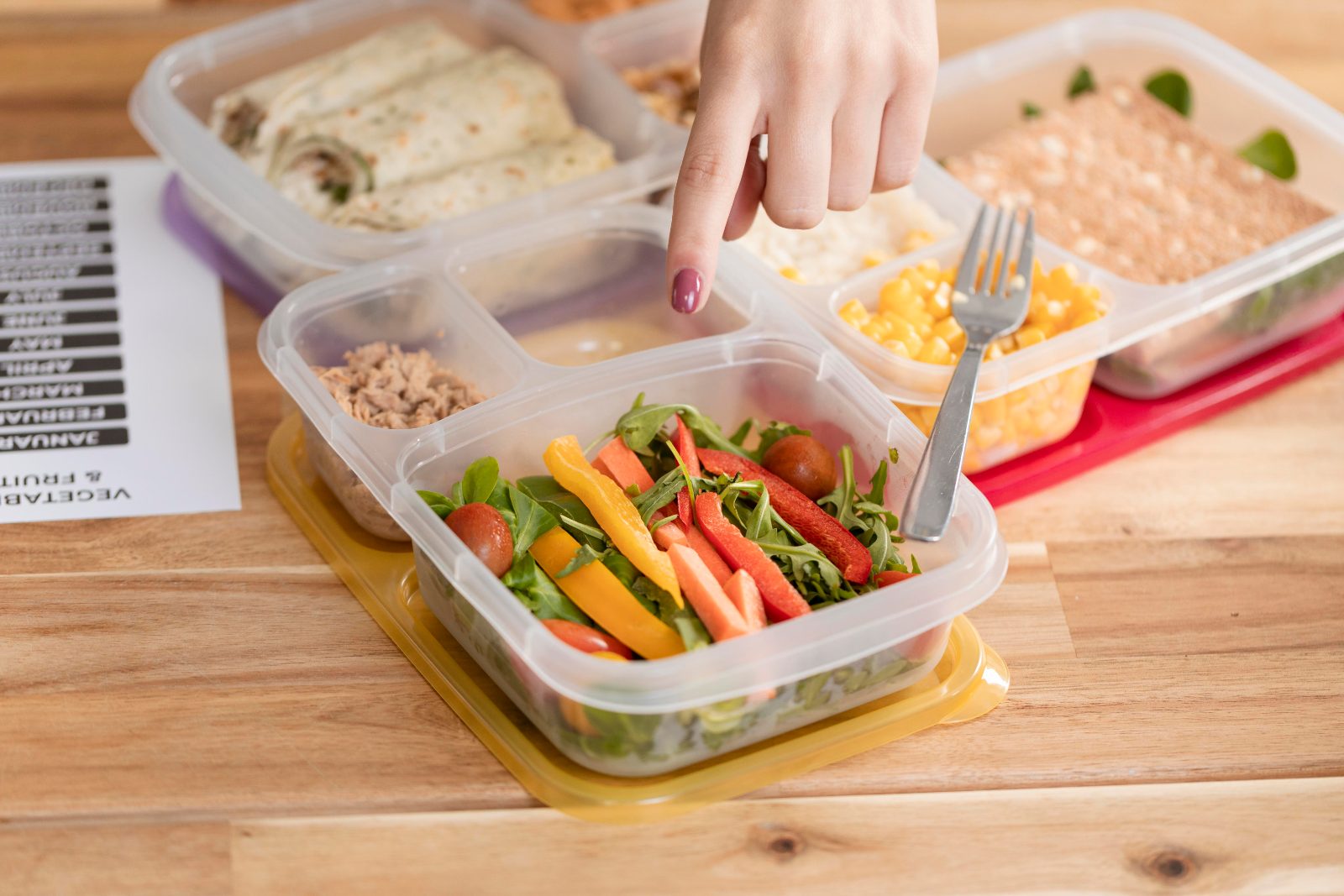 Pozycjonowanie cateringu dietetycznego - pudełka z sałatką, tortillami i kukurydzą na drewnianym stole, dłoń sięga po widelec