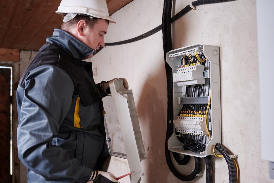 Pozycjonowanie elektryka — elektryk sprawdzający rozdzielnicę elektryczną w budynku
