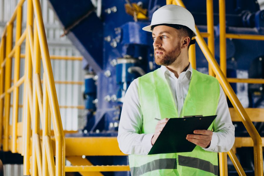 Pozycjonowanie firm BHP - specjalista BHP sporządza notatki podczas kontroli na hali produkcyjnej