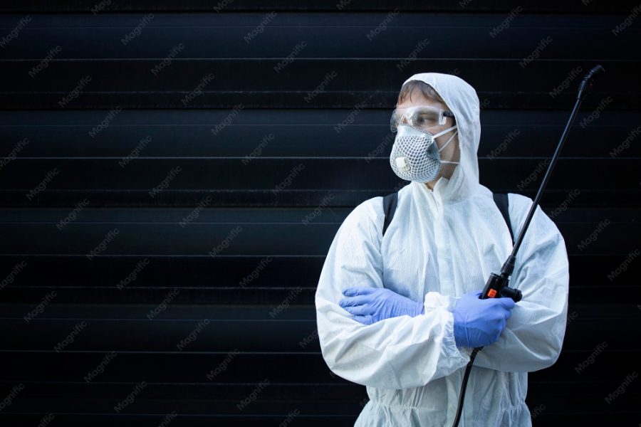 Pozycjonowanie firmy DDD — technik z opryskiwaczem podczas zabiegu zwalczania szkodników