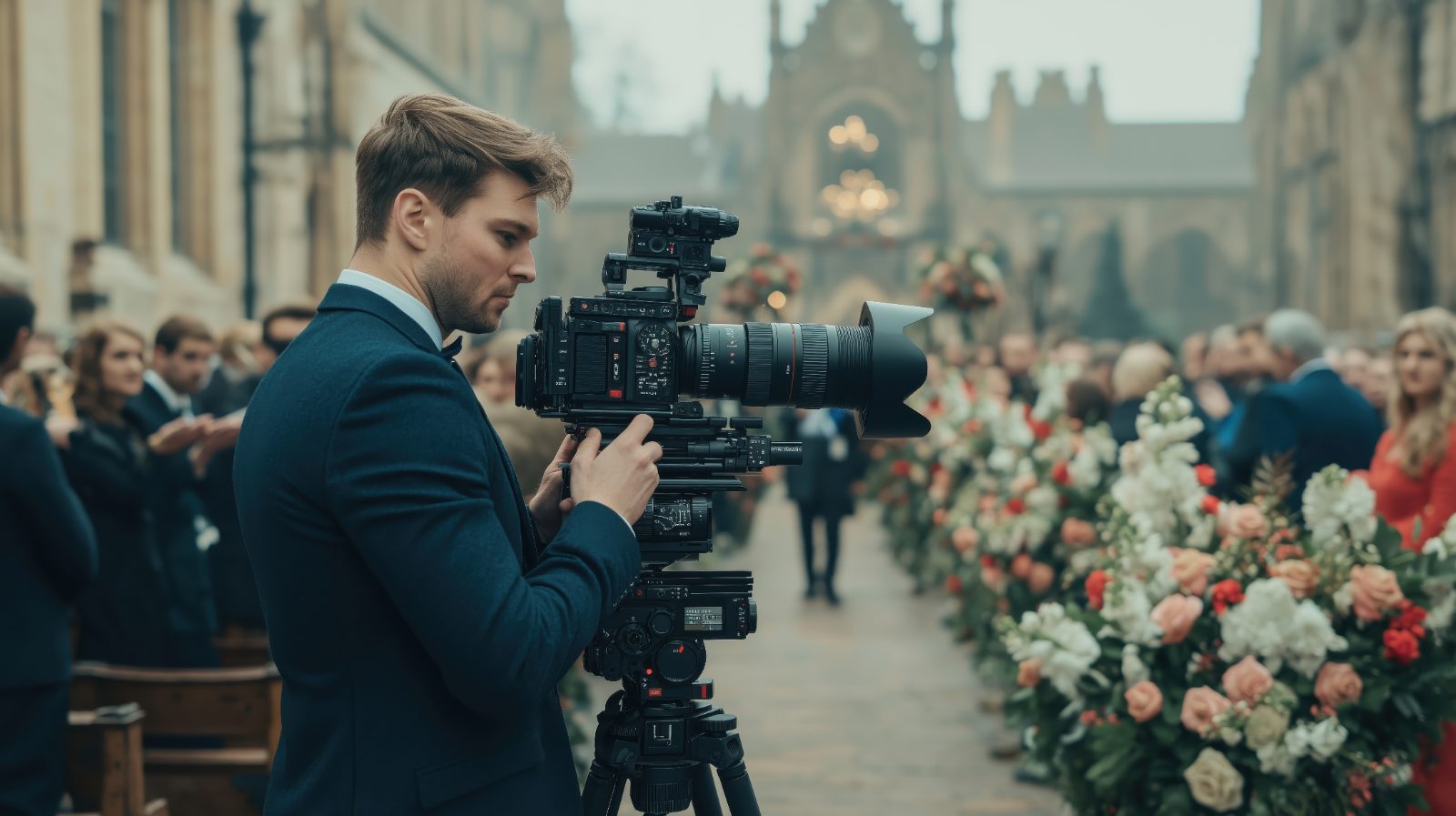 Pozycjonowanie kamerzysty - filmowiec ślubny z kamerą w ręku podczas ceremonii