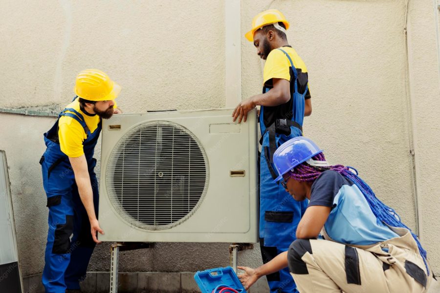 Pozycjonowanie montażu klimatyzacji — monterzy instalujący jednostkę zewnętrzną klimatyzatora na budynku