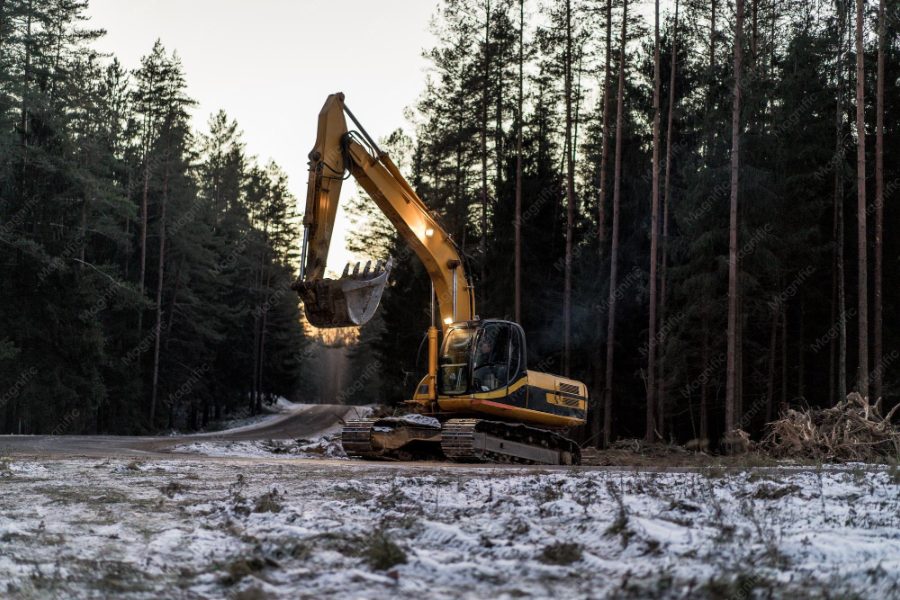 Pozycjonowanie robót ziemnych - koparka wykonująca wykop na placu budowy