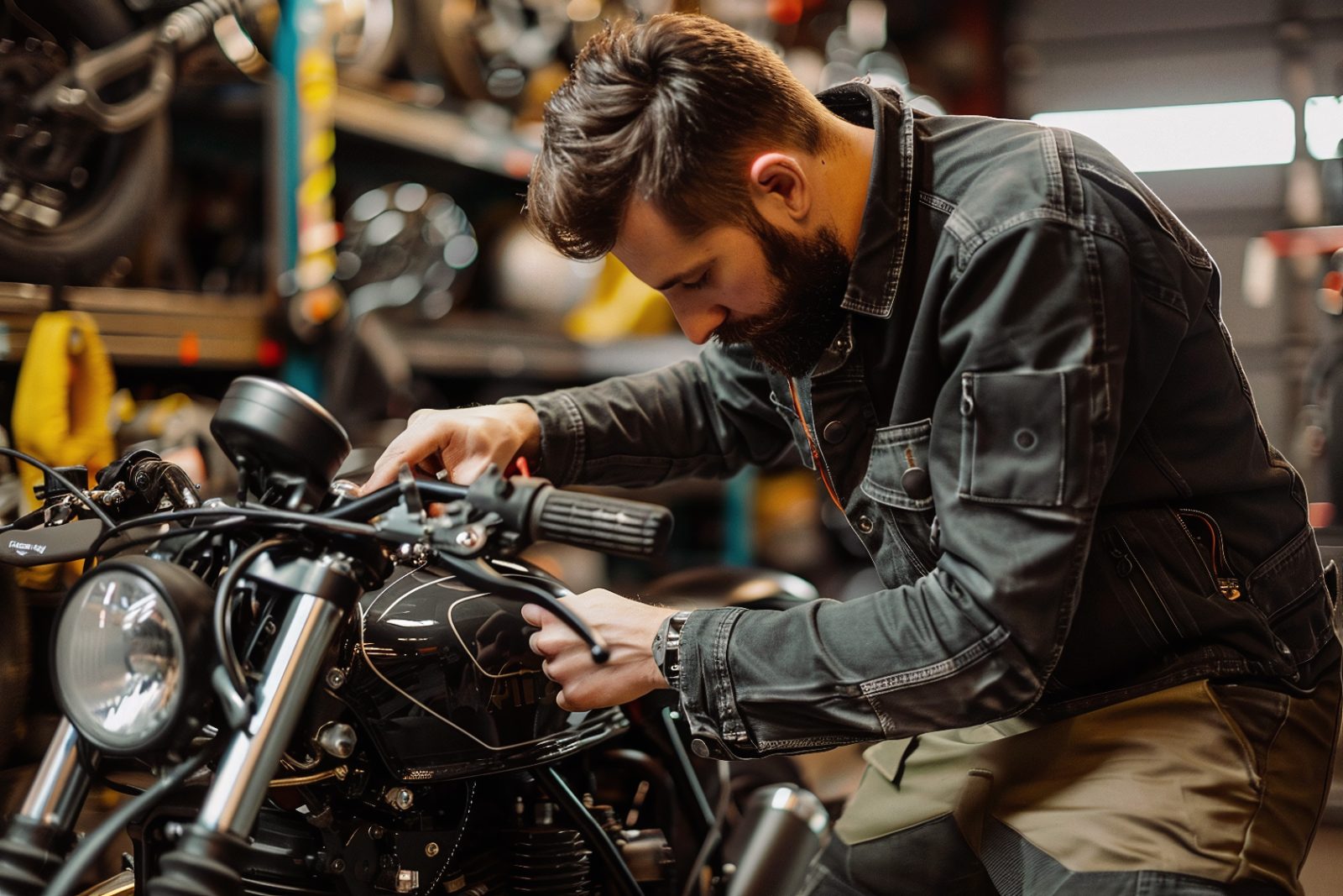 Mechanik przy pracy nad motocyklem w warsztacie