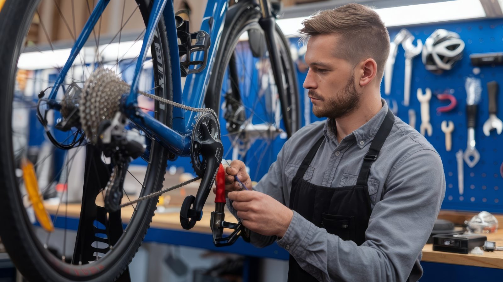 Pozycjonowanie sklepów rowerowych - mechanik w serwisie rowerowym