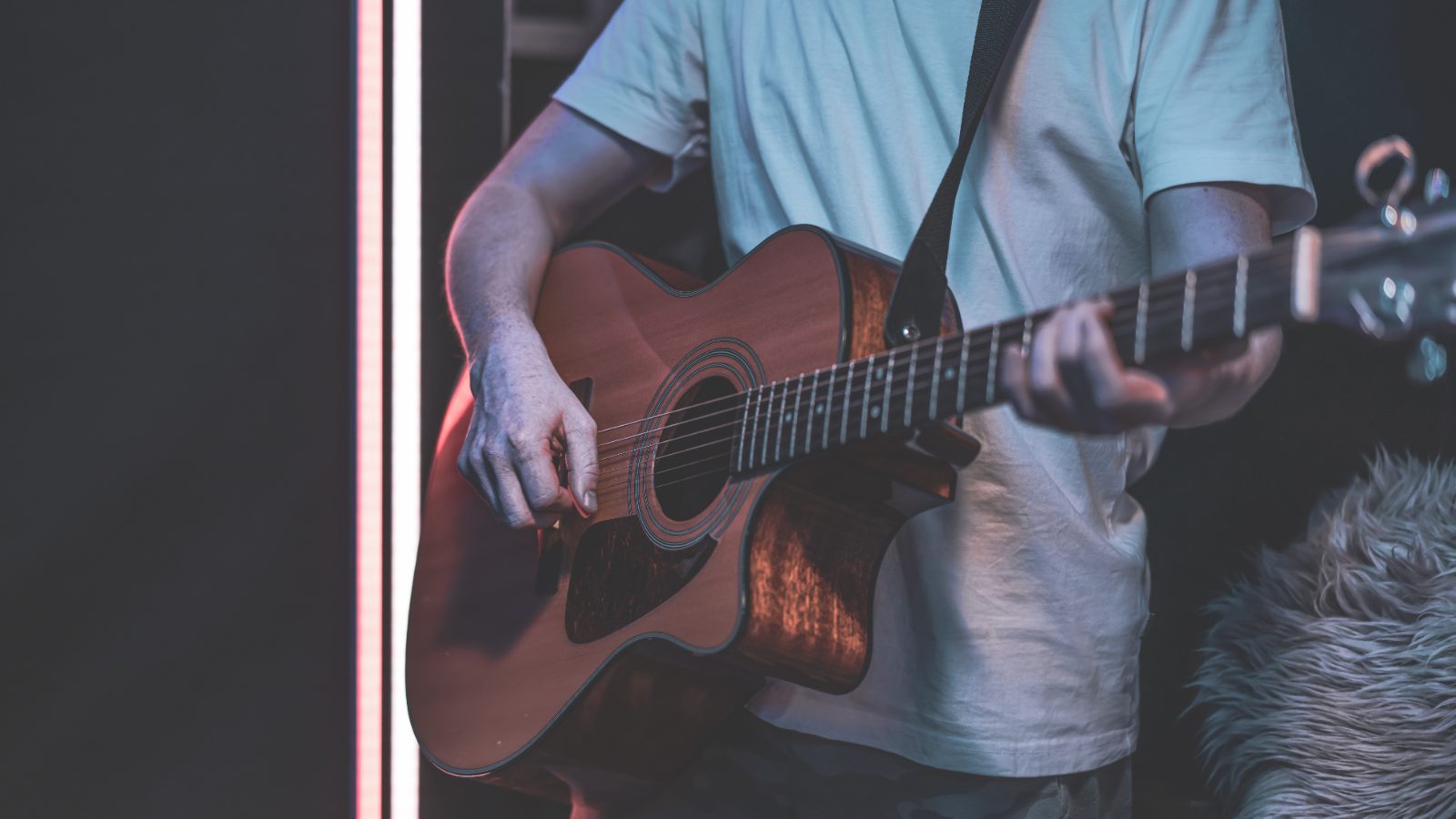 Ukulele i gitary na półkach w sklepie muzycznym