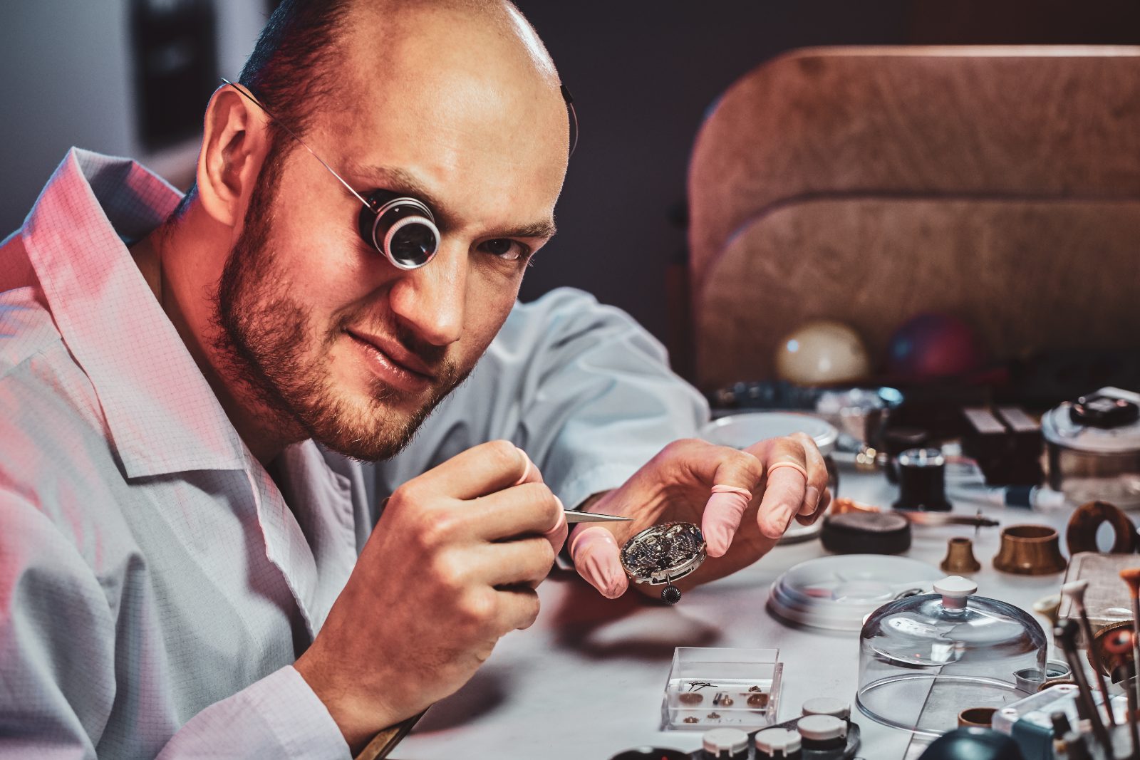 Pozycjonowanie zegarmistrza - zegarmistrz z lupą w oku naprawia pęsetą mechanizm zegarka przy warsztacie