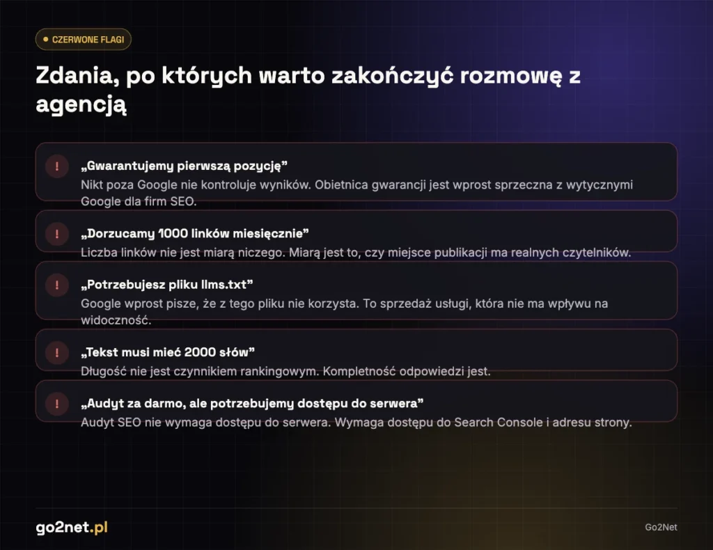 Czerwone flagi przy wyborze agencji SEO - zdania, które powinny zakończyć rozmowę