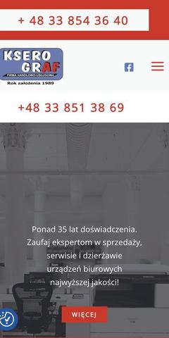 Strona internetowa Kserograf - urządzenia biurowe, sprzedaż i serwis - widok na telefonie